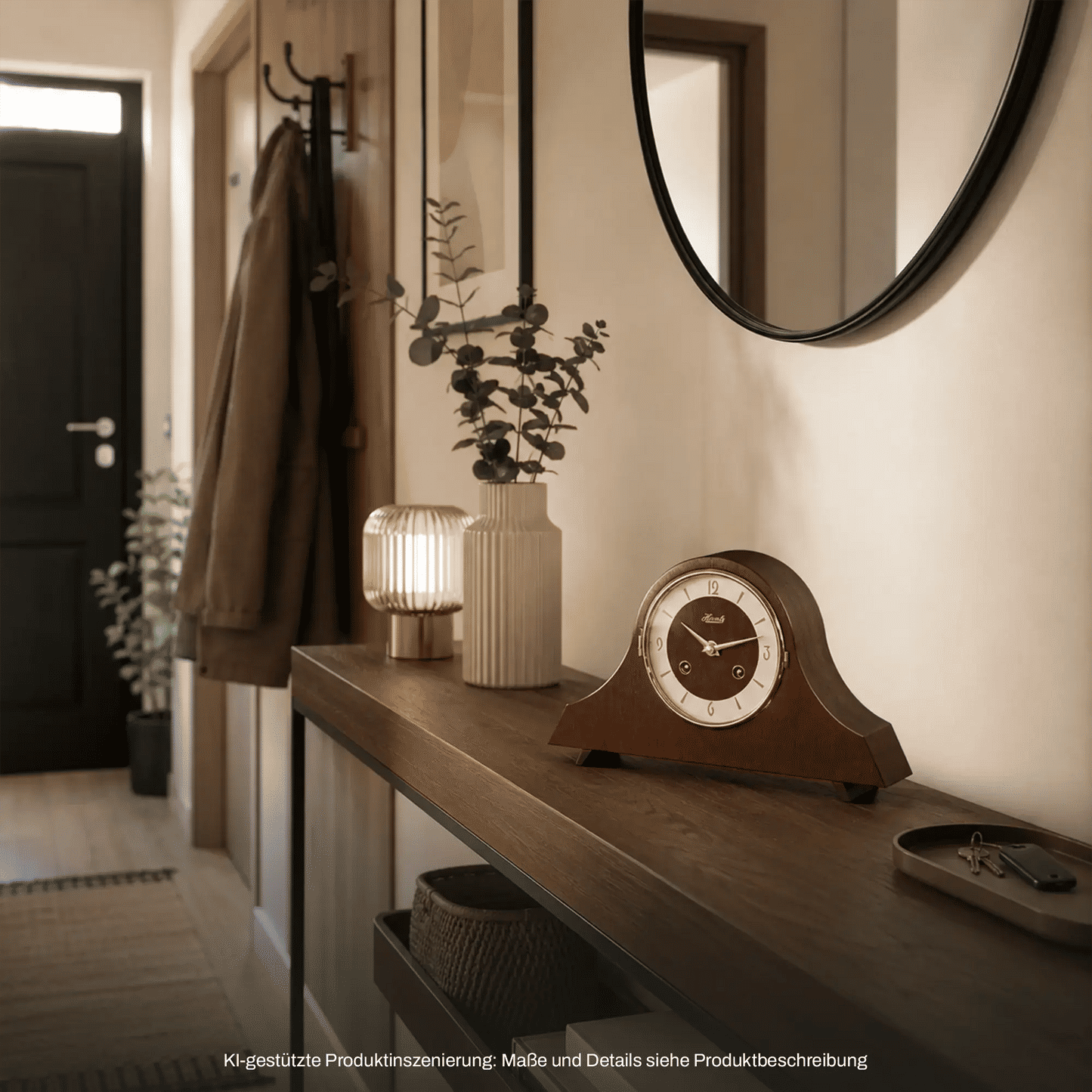 Holz-Tischuhr auf Sideboard mit weißem Ziffernblatt und gerundeter Gehäuseform