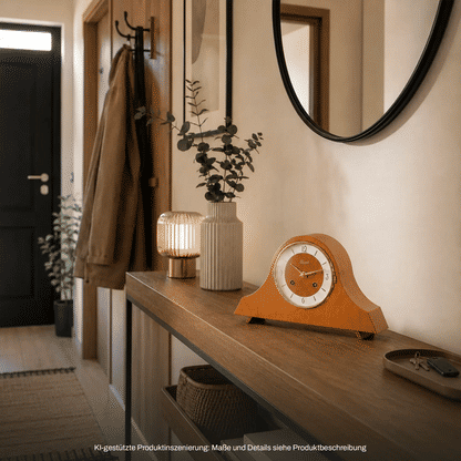 Holz-Tischuhr auf Sideboard, rundes Ziffernblatt mit arabischen Ziffern