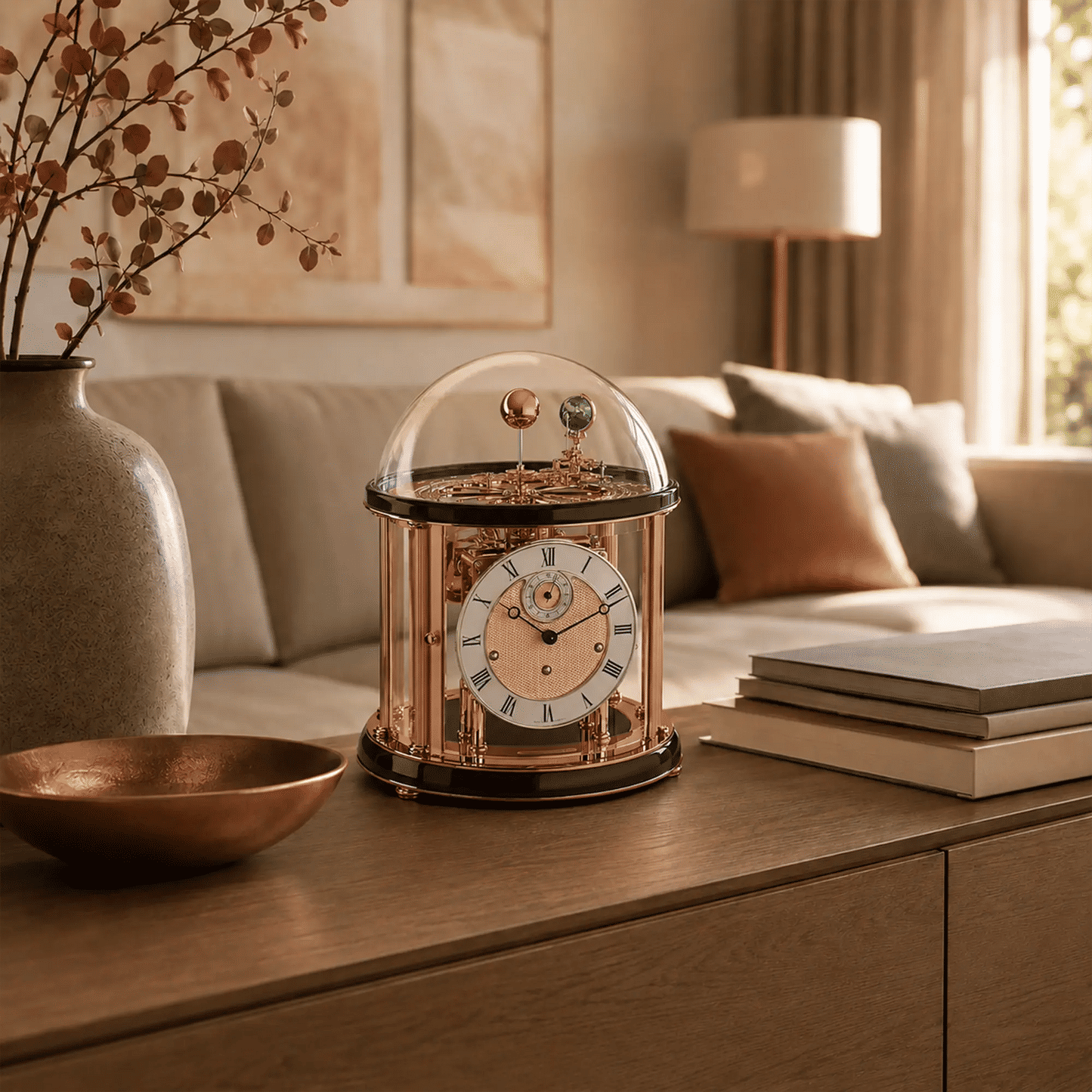 Orologio da tavolo Hermle 35x29x29 cm Legno, Vetro, Ottone • Indicatore astrologico Tellurio • Meccanismo di rintocco Westminster
