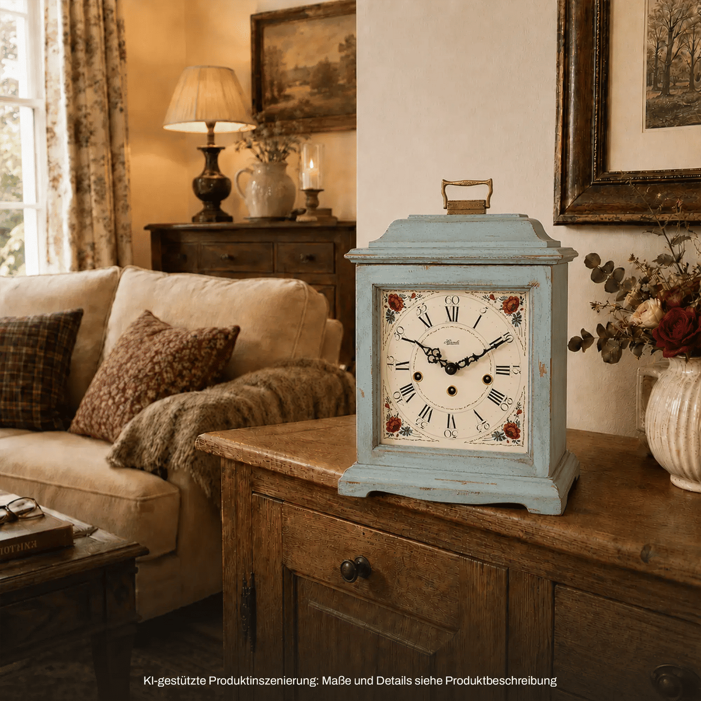 Blau-weiße mechanische Tischuhr mit floral verziertem Zifferblatt und römischen Ziffern
