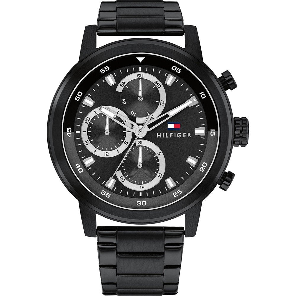 Tommy Hilfiger Rocky Herrenarmbanduhr: schwarzes Dreifach-Zifferblatt mit Datum, schwarzes Gehäuse