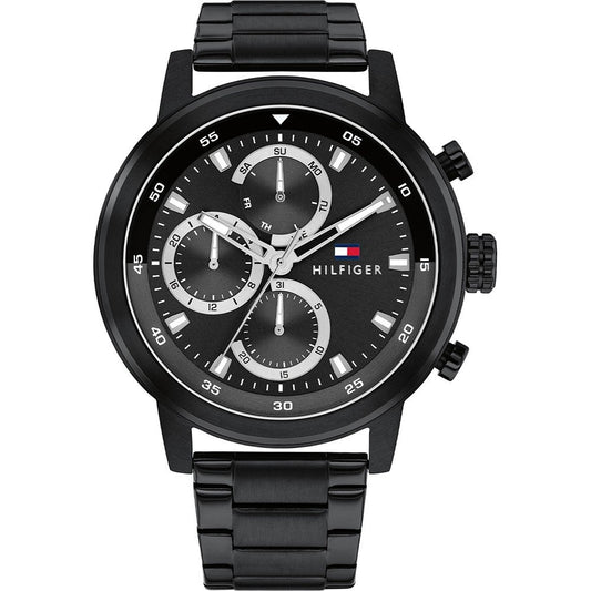 Tommy Hilfiger Rocky Herrenarmbanduhr: schwarzes Dreifach-Zifferblatt mit Datum, schwarzes Gehäuse