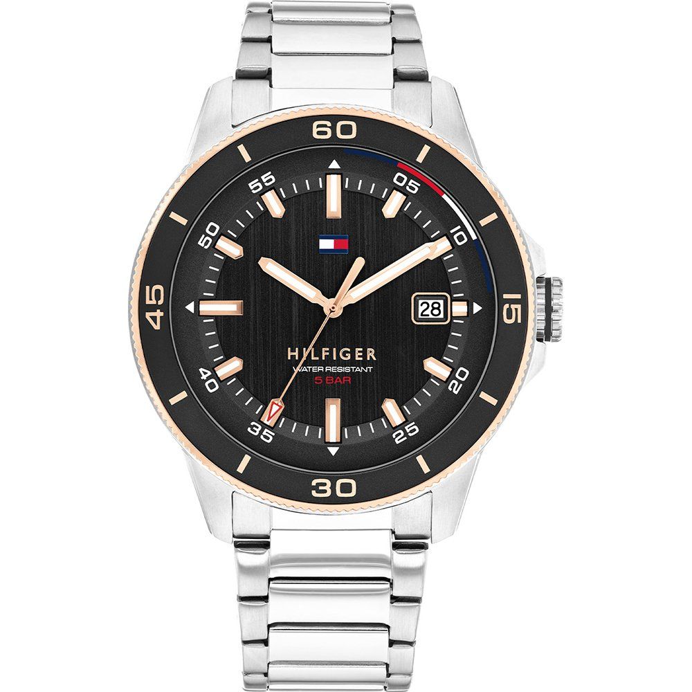 Tommy Hilfiger Herrenuhr mit schwarzem Zifferblatt und Edelstahlarmband, runde Lünette