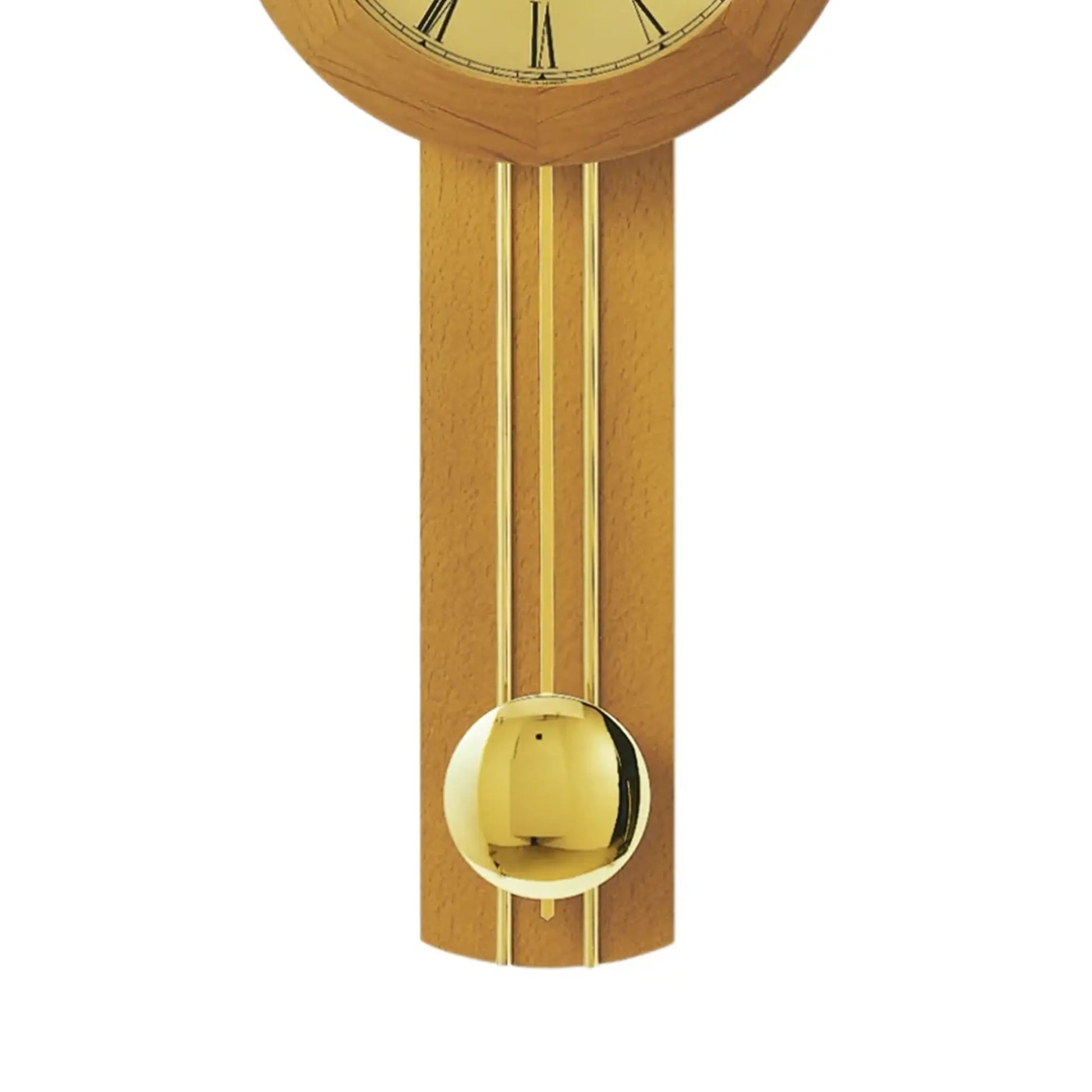 Wanduhr mit Quarz-Pendelwerk, kirschbaumfarbener Holzsäule und goldenem Pendelball