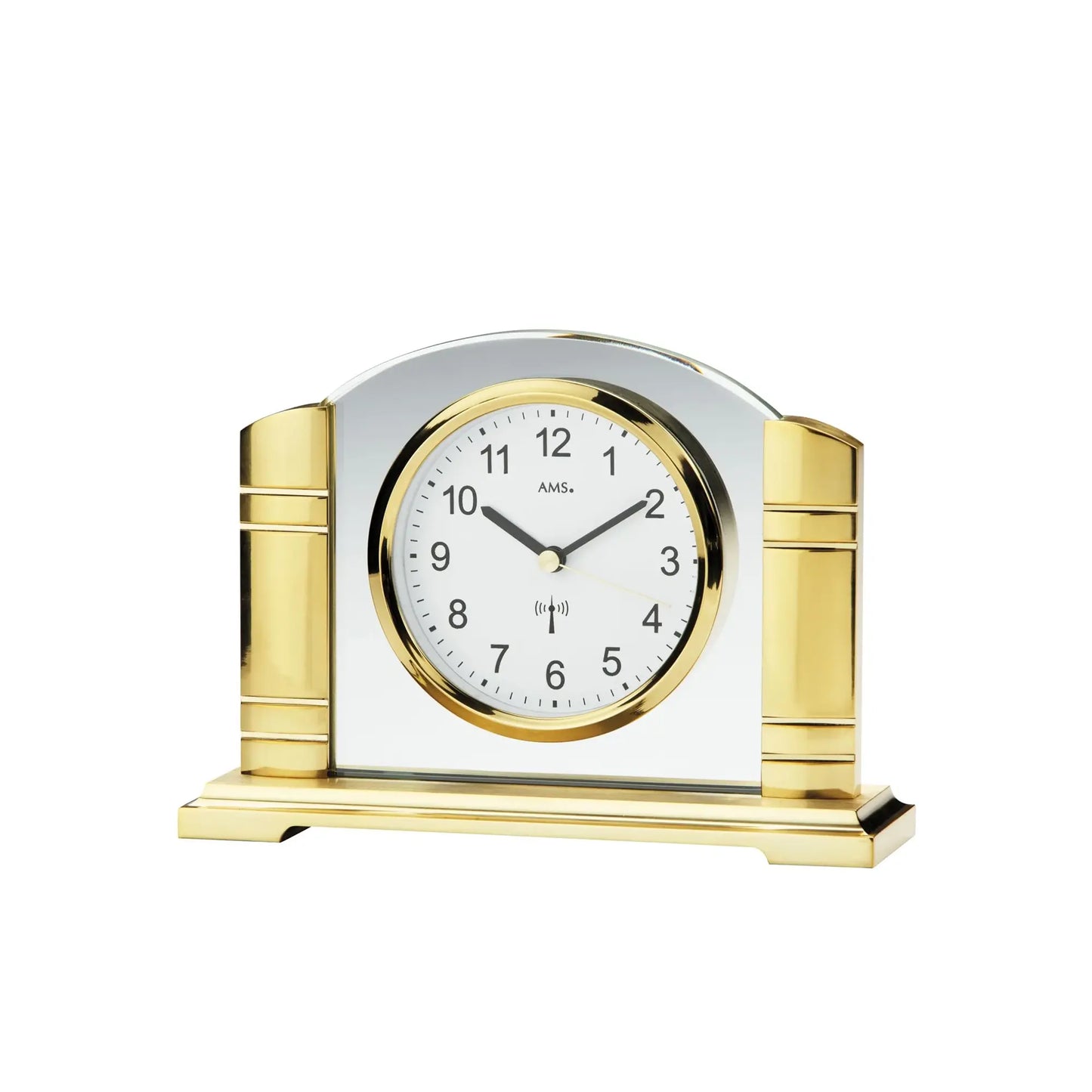 Tischuhr mit Funkuhrwerk, rundem Zifferblatt in Gold/Silber, Mineralglas vorn