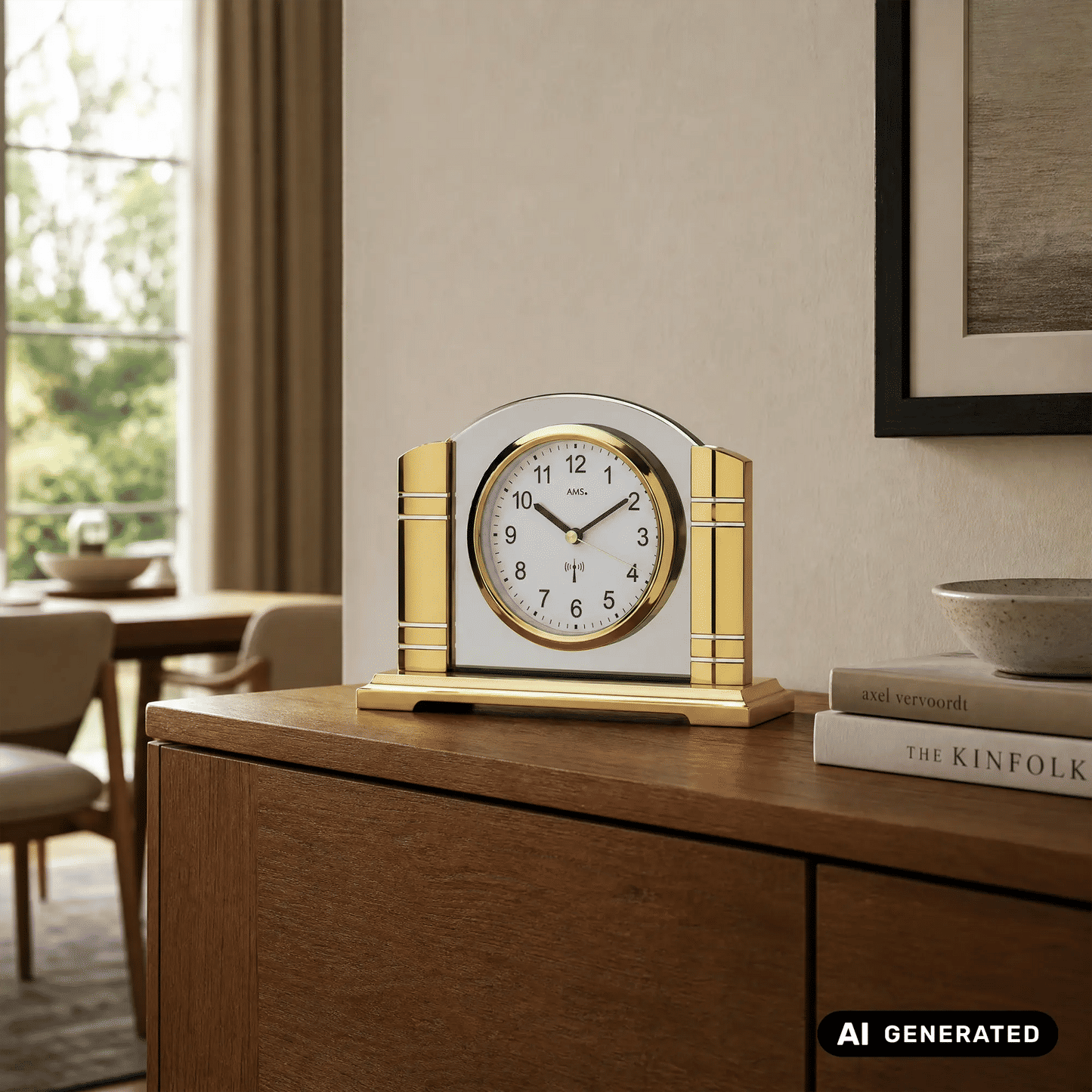 Tischuhr in Gold/Silber mit weißem Zifferblatt und römischen Zahlen, auf Holzkommode