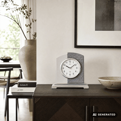 Design-Tischuhr mit grauem Kunstleder, silbernem Alu-Sockel und rundem Glas-Zifferblatt