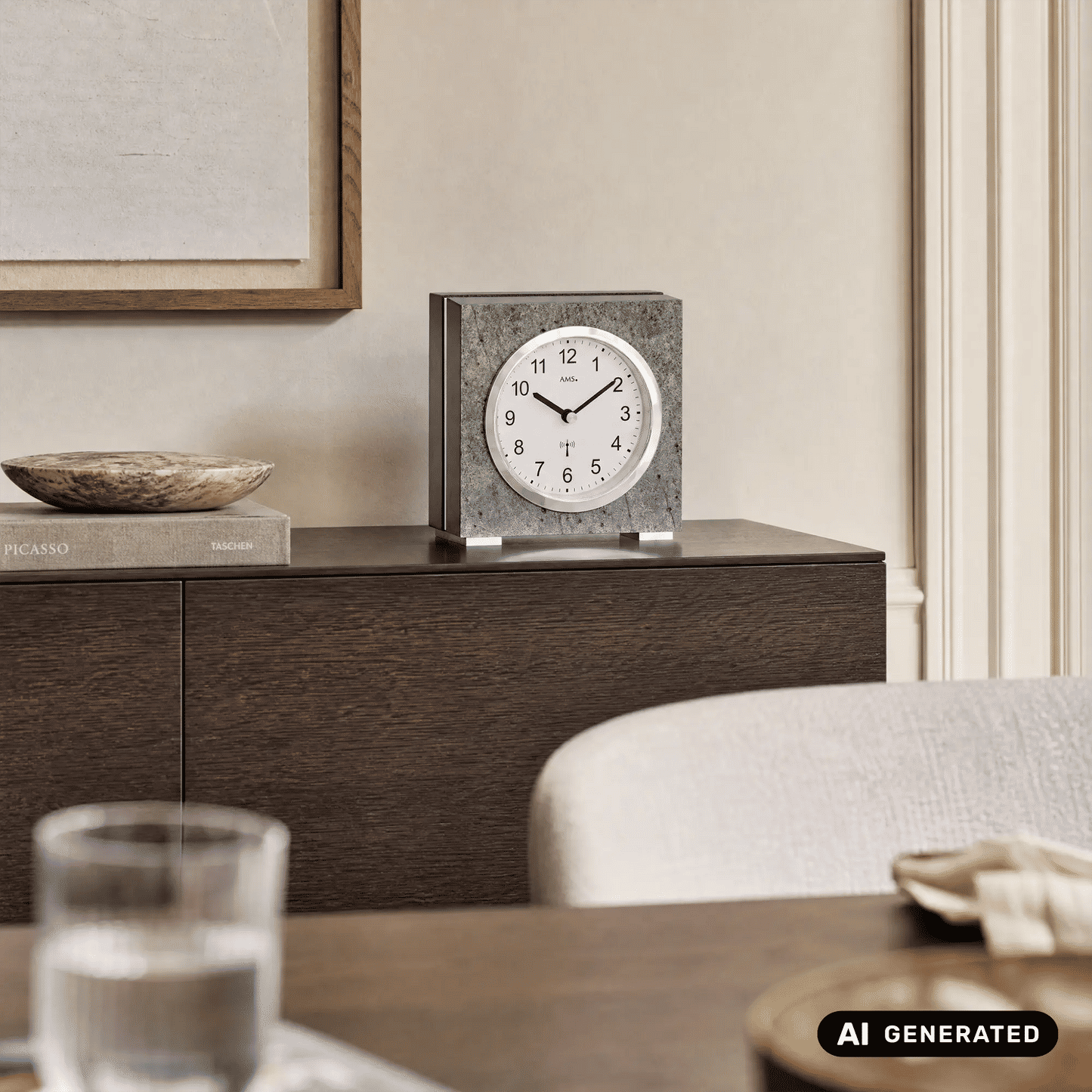 Tischuhr AMS auf Sideboard, steinfarbenes Gehäuse mit Alu-Rand und Mineralglas