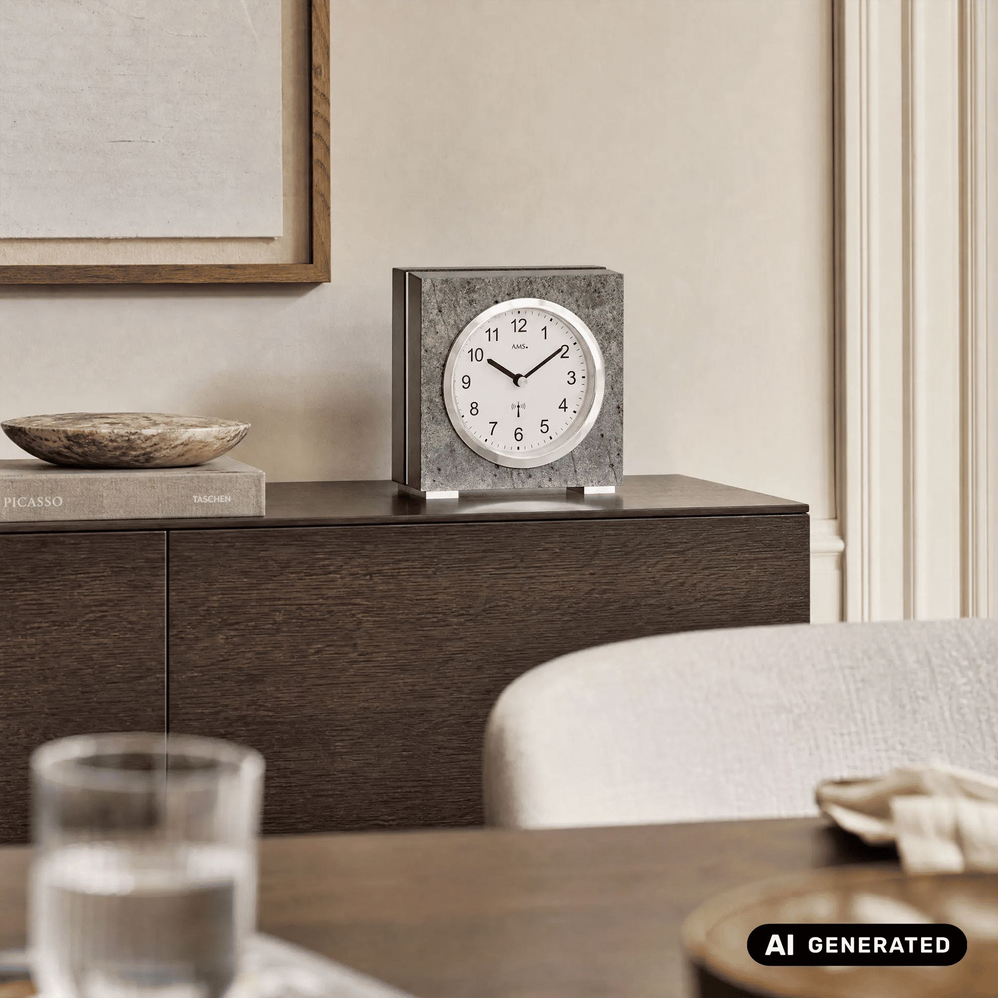 Tischuhr AMS auf Sideboard, steinfarbenes Gehäuse mit Alu-Rand und Mineralglas