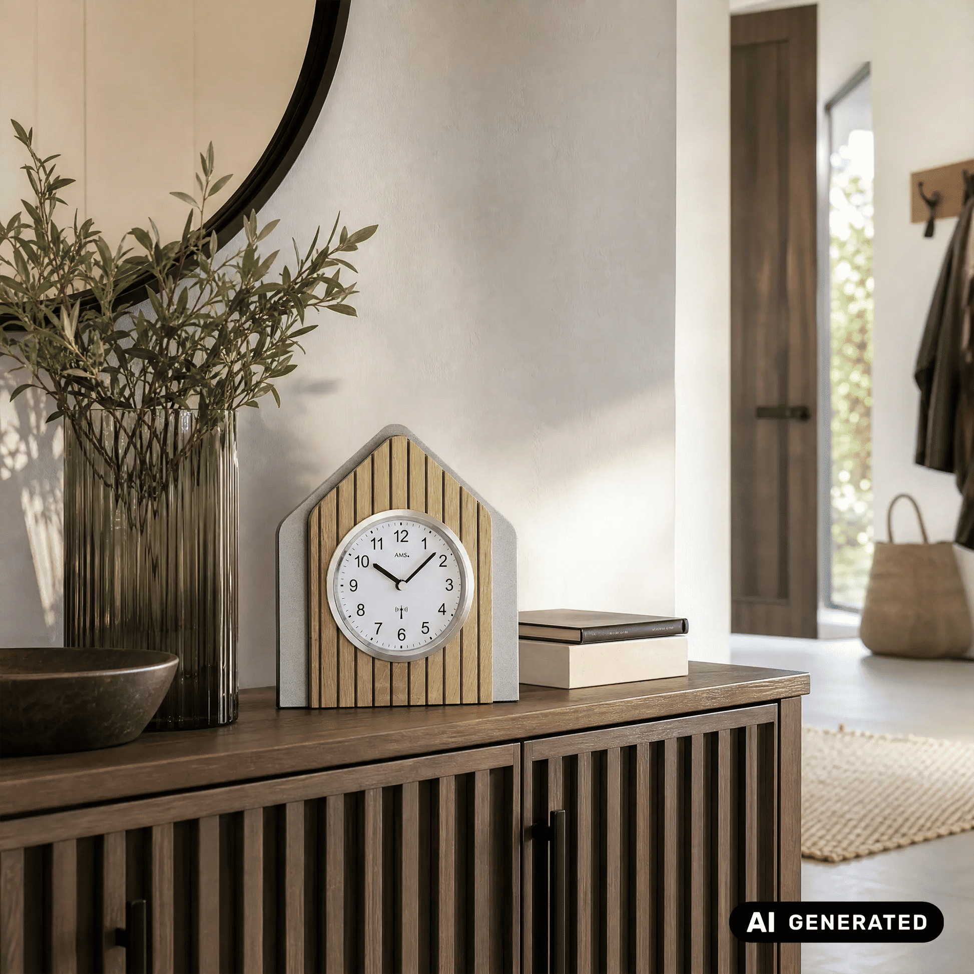 Holz-Tischuhr im Hausdesign mit rundem weißem Zifferblatt und Zeigern