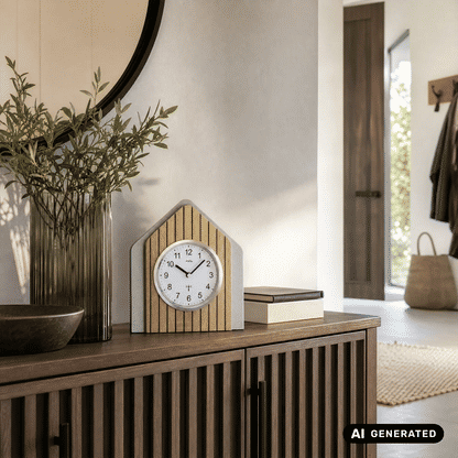 Holz-Tischuhr im Hausdesign mit rundem weißem Zifferblatt und Zeigern