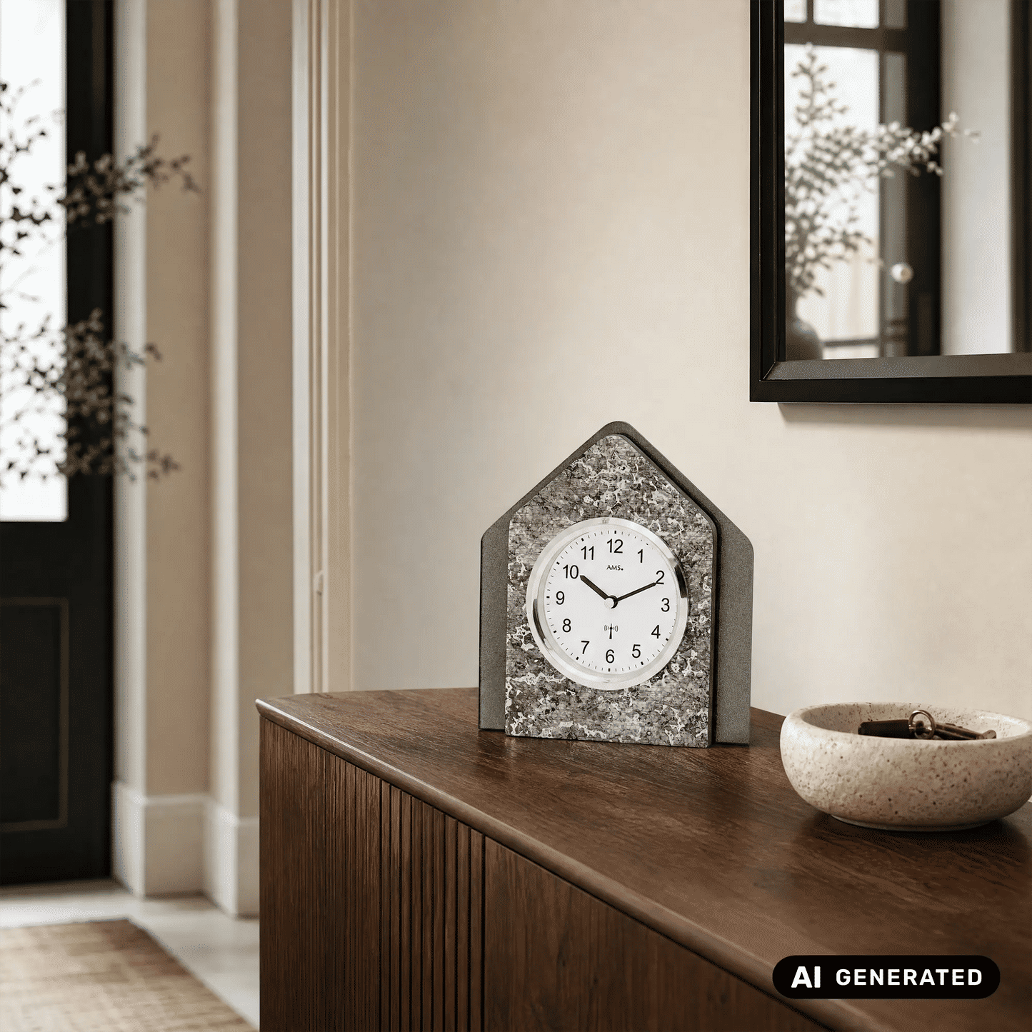 Tischuhr mit Hausform-Gehäuse aus Holz und Metallic-Auflage, weißes Ziffernblatt mit Zeigern