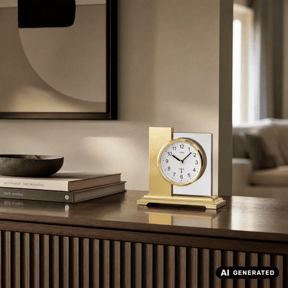 Goldene Tischuhr mit eckigem Glasrahmen und weißem Ziffernblatt
