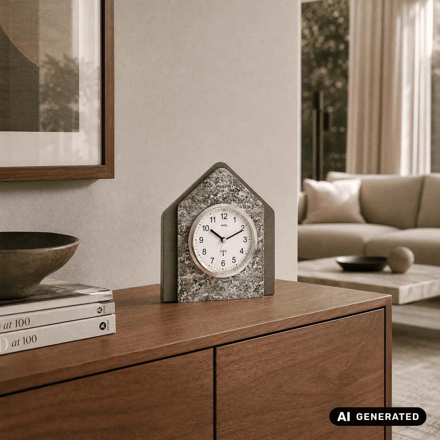 Tischuhr im Hausdesign auf Holzkommode, graues Metallic-Gehäuse und analoges Ziffernblatt