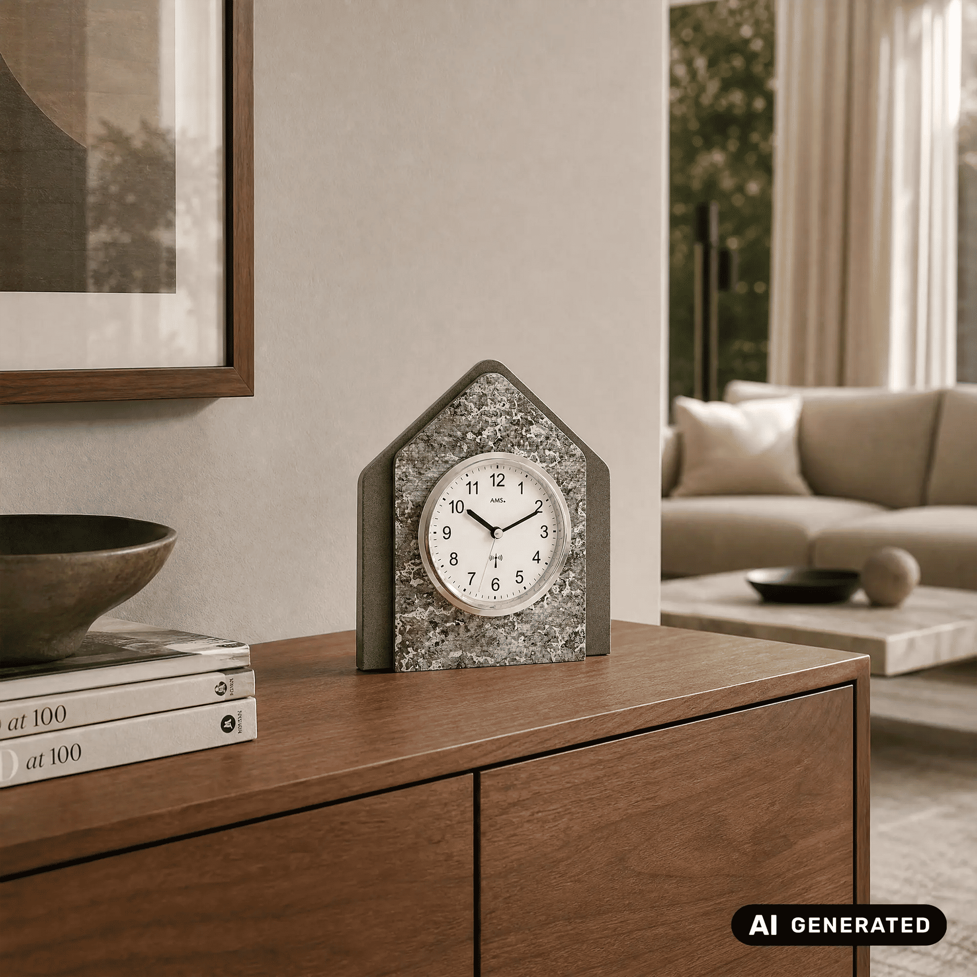 Tischuhr im Hausdesign auf Holzkommode, graues Metallic-Gehäuse und analoges Ziffernblatt