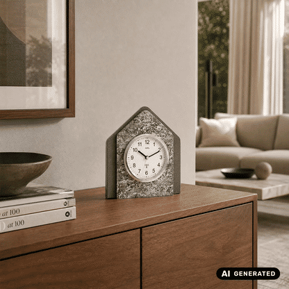 Tischuhr im Hausdesign auf Holzkommode, graues Metallic-Gehäuse und analoges Ziffernblatt