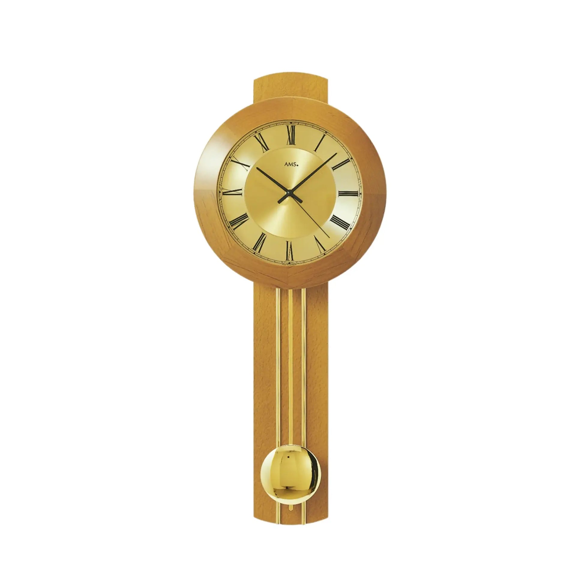 Wanduhr mit Quarz-Pendelwerk, rundes Holzgehäuse, goldenes Zifferblatt und Pendel