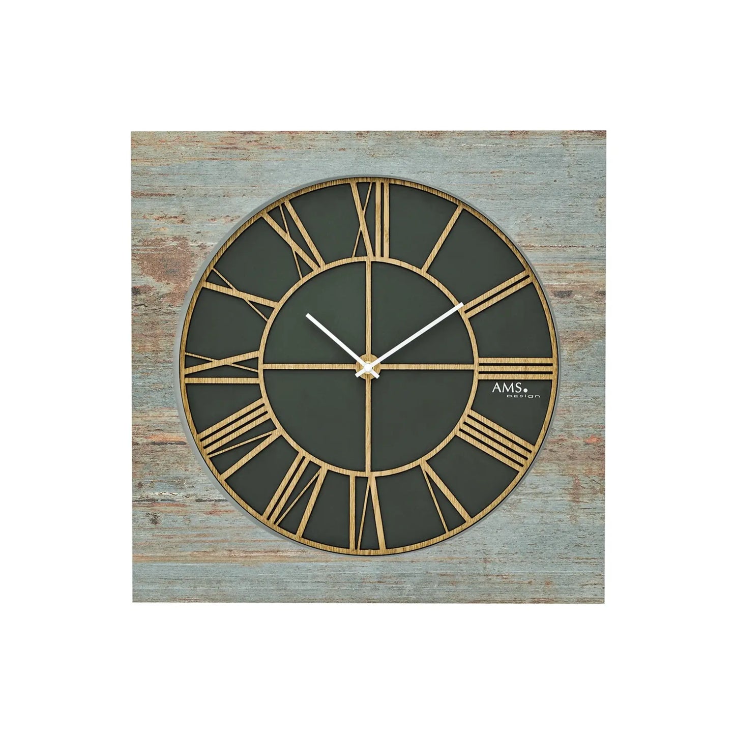 Wanduhr mit Holzgehäuse und dunkelgrünem Zifferblatt, goldene Teilung und Zeiger.