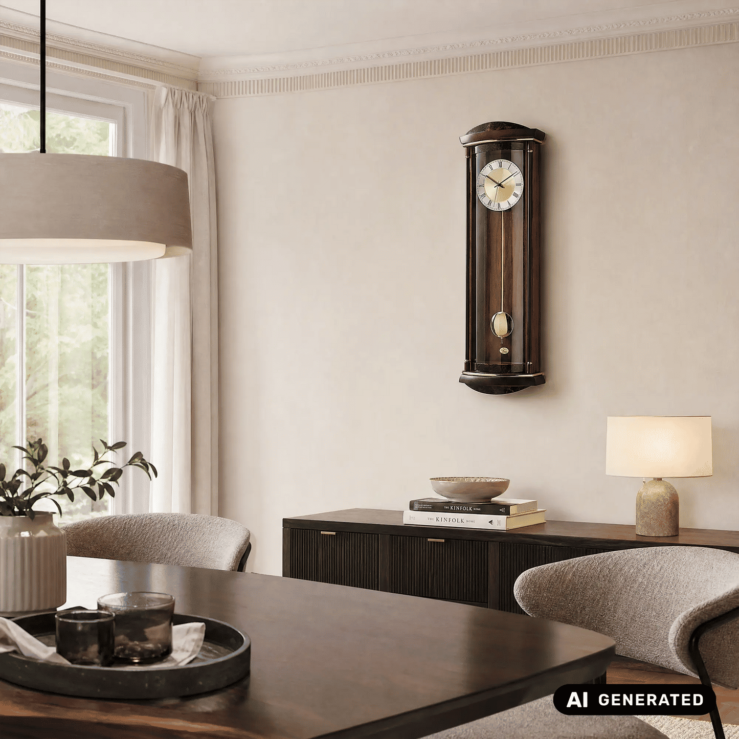 Wandpendeluhr mit Nussbaumholzgehäuse, Glasfront und goldfarbener Pendelkugel