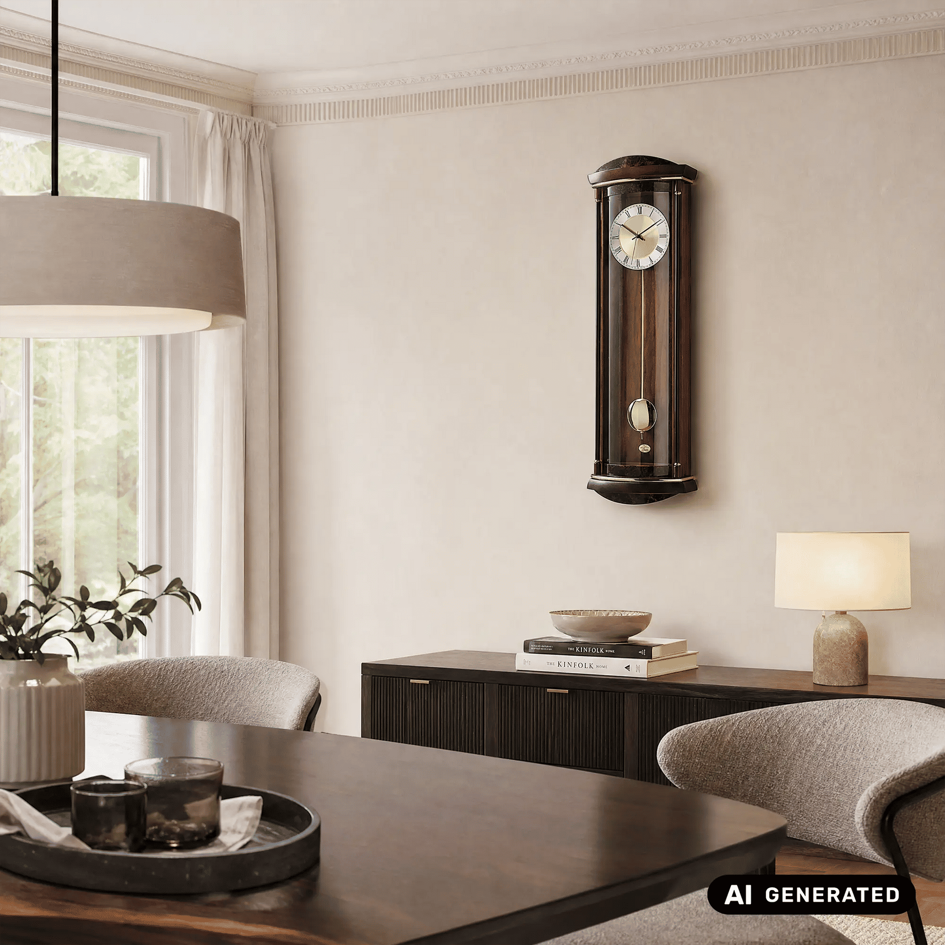 Wandpendeluhr mit Nussbaumholzgehäuse, Glasfront und goldfarbener Pendelkugel