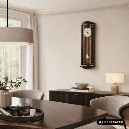 Wandpendeluhr mit Nussbaumholzgehäuse, Glasfront und goldfarbener Pendelkugel