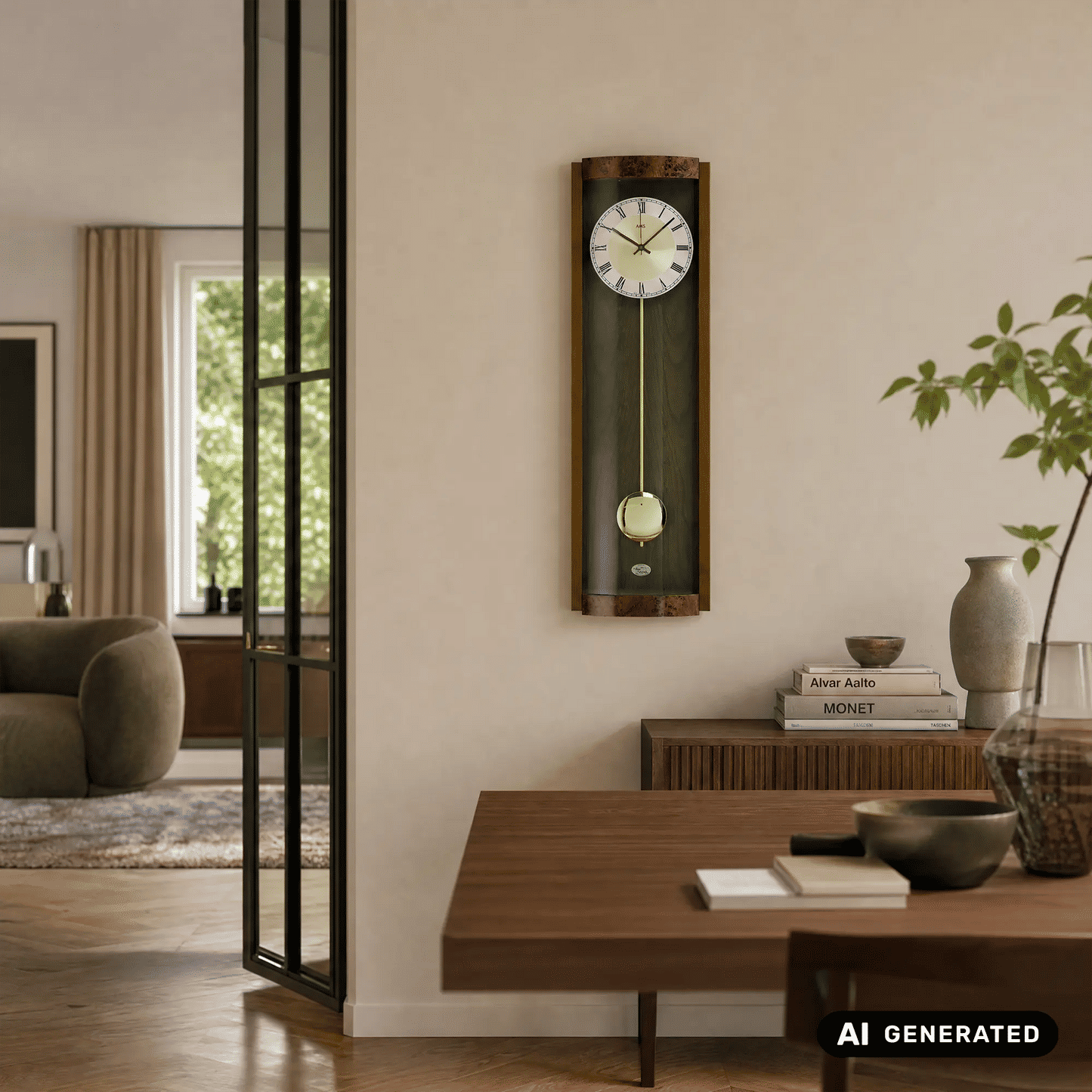 Wanduhr mit rundem Zifferblatt, goldenen Zeigern und Pendel im rechteckigen Holzrahmen