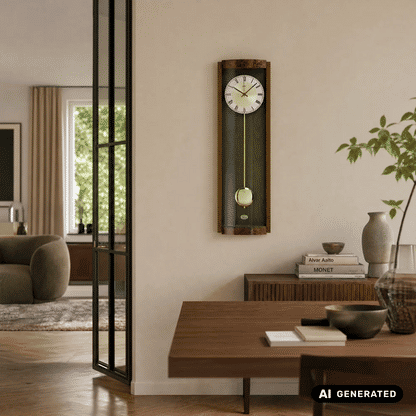 Wanduhr mit rundem Zifferblatt, goldenen Zeigern und Pendel im rechteckigen Holzrahmen