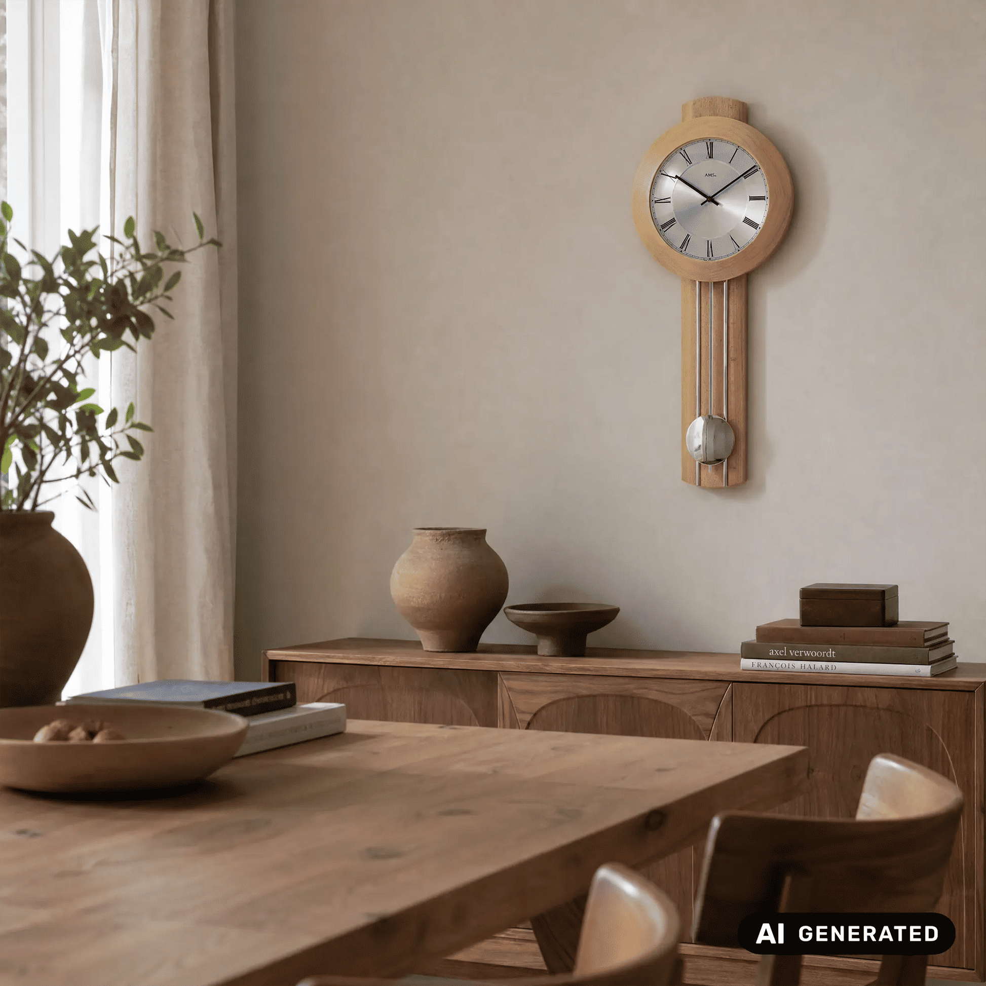 Wanduhr mit Holzgehäuse, rundem Zifferblatt und Metallpendel an der Wand