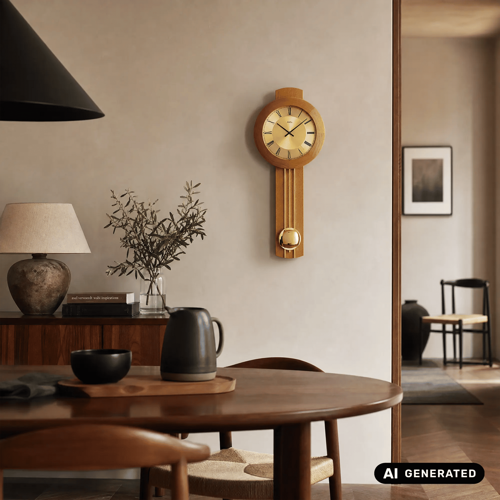 Wanduhr mit Pendel, rundes Holzgehäuse mit goldener Kugel und römischen Ziffern