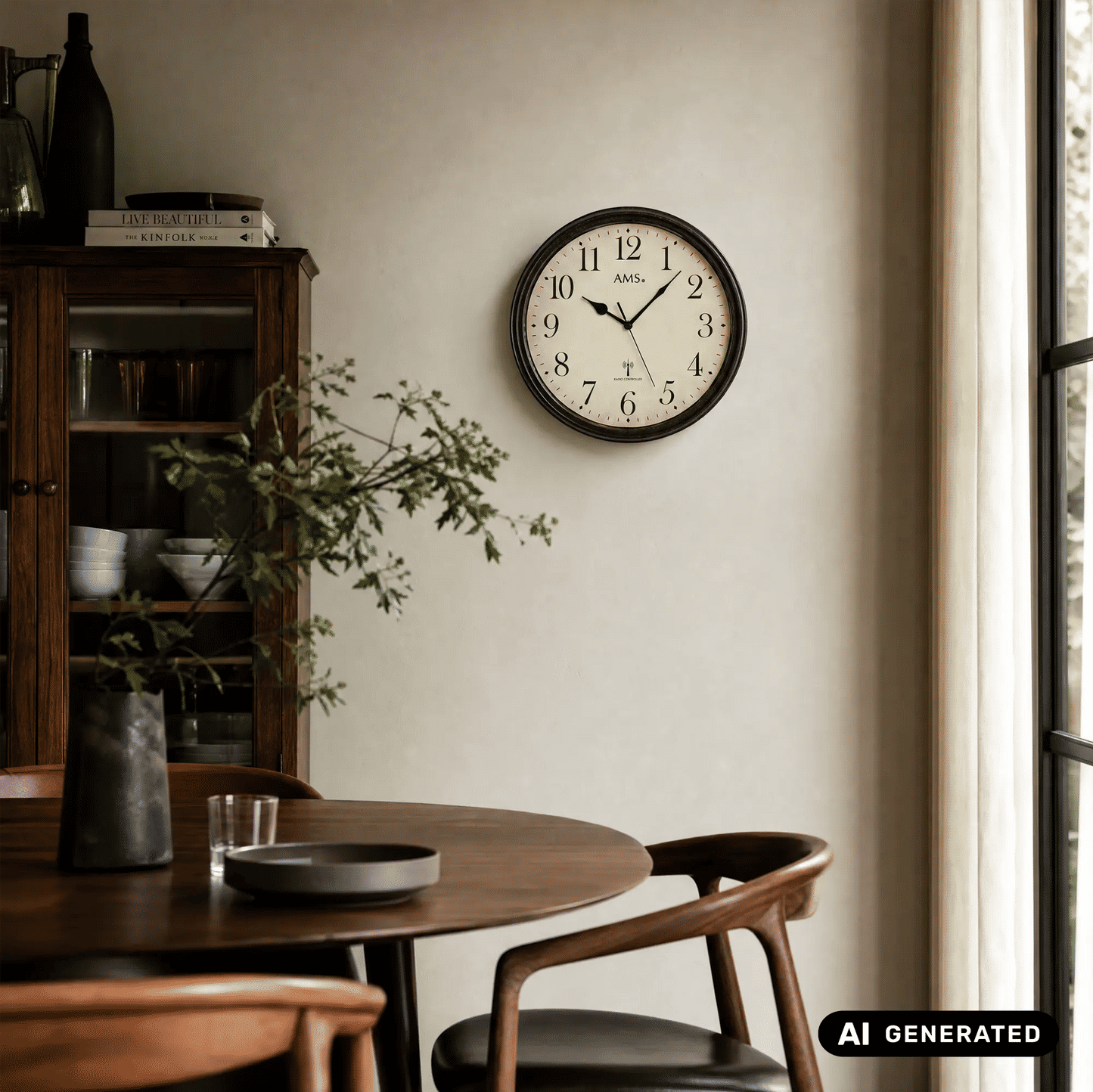 Wanduhr an der Wand: beiges Zifferblatt, schwarze Zeiger, dunkler Metallrahmen