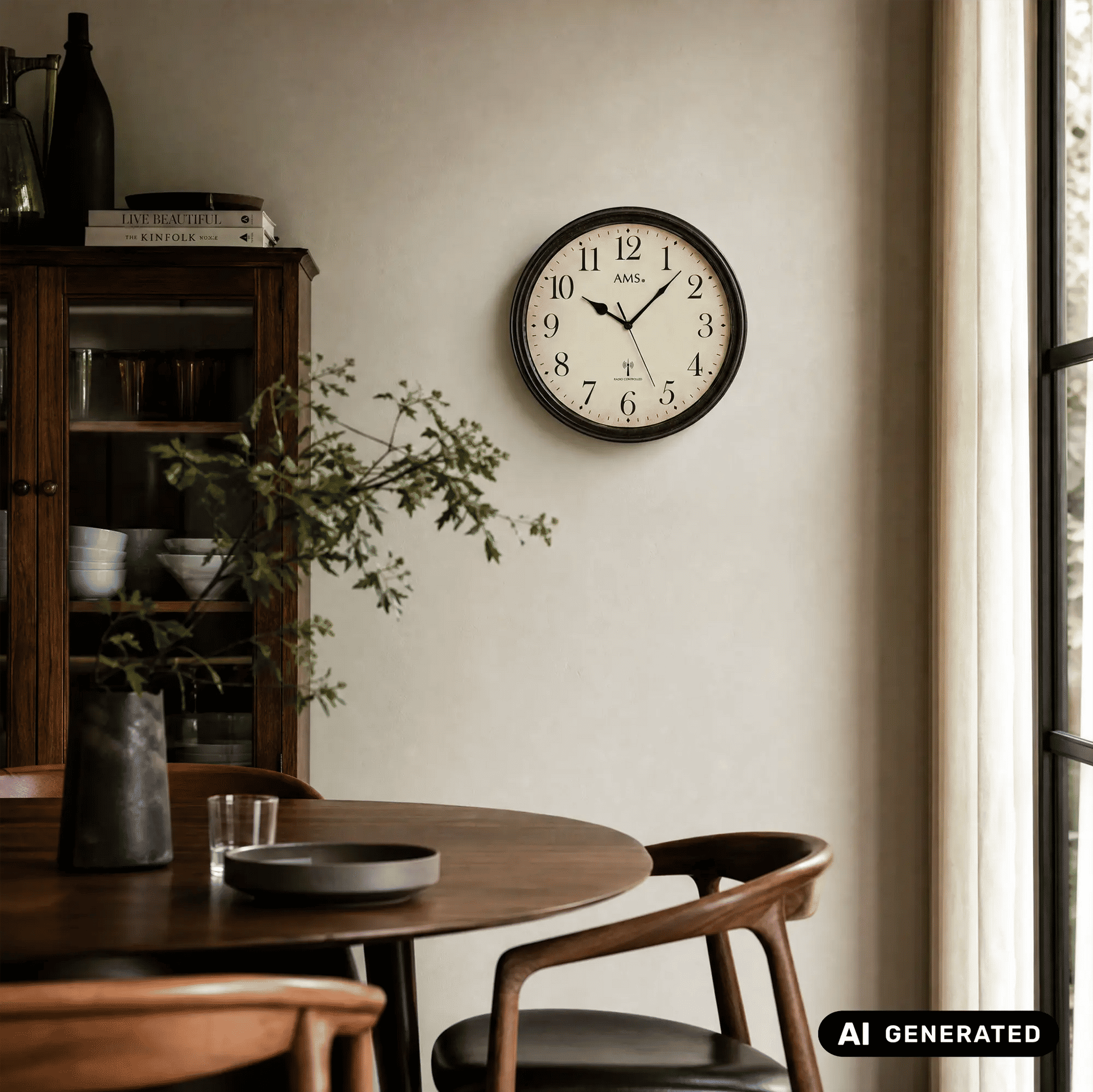Wanduhr an der Wand: beiges Zifferblatt, schwarze Zeiger, dunkler Metallrahmen