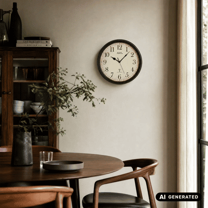 Wanduhr an der Wand: beiges Zifferblatt, schwarze Zeiger, dunkler Metallrahmen