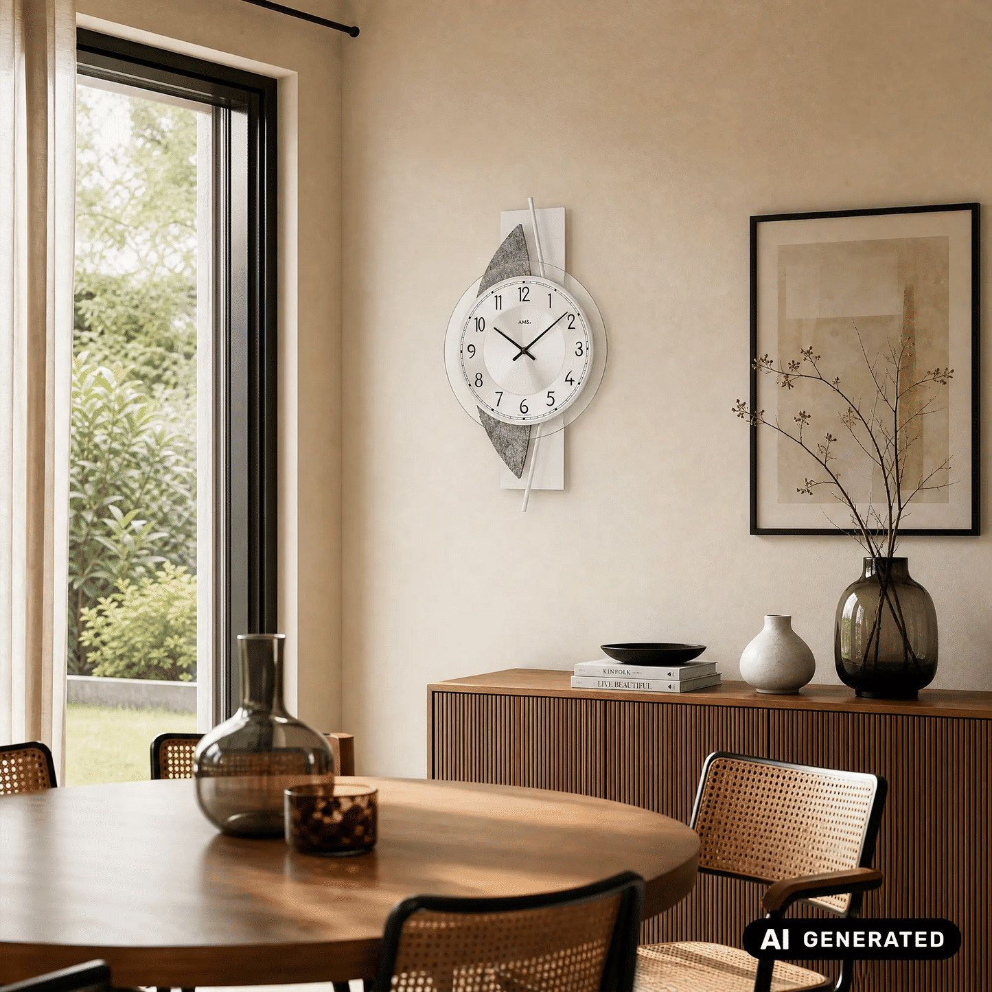 Wanduhr an der Wand mit rundem Zifferblatt, schwarzen Zeigern und grauen Steineinlagen