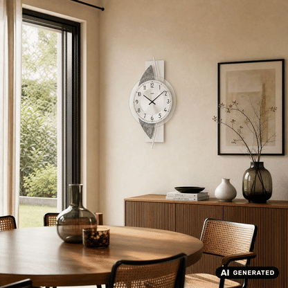 Wanduhr an der Wand mit rundem Zifferblatt, schwarzen Zeigern und grauen Steineinlagen