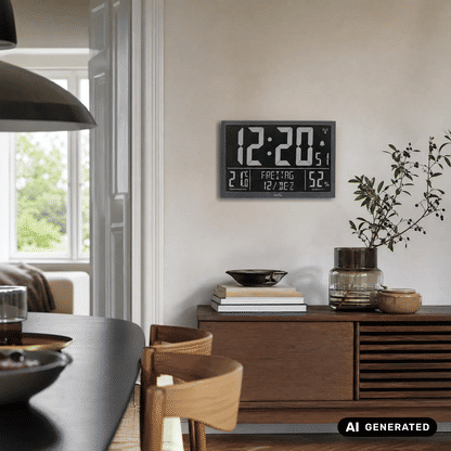 Wanduhr mit LCD-Anzeige an der Wand, zeigt Uhrzeit, Temperatur 26°C und 52%.