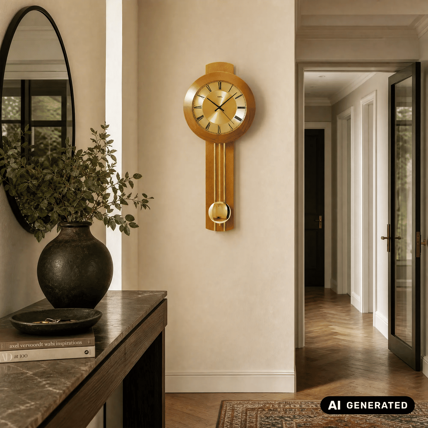 Wanduhr mit Pendel, rundes Holzgehäuse mit goldener Kugel und römischen Ziffern