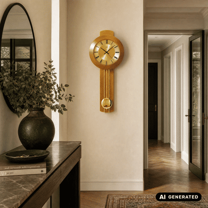Wanduhr mit Pendel, rundes Holzgehäuse mit goldener Kugel und römischen Ziffern