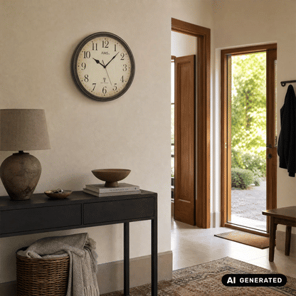 Wanduhr an der Wand mit beigem Zifferblatt, schwarzen Zeigern und Metallrahmen