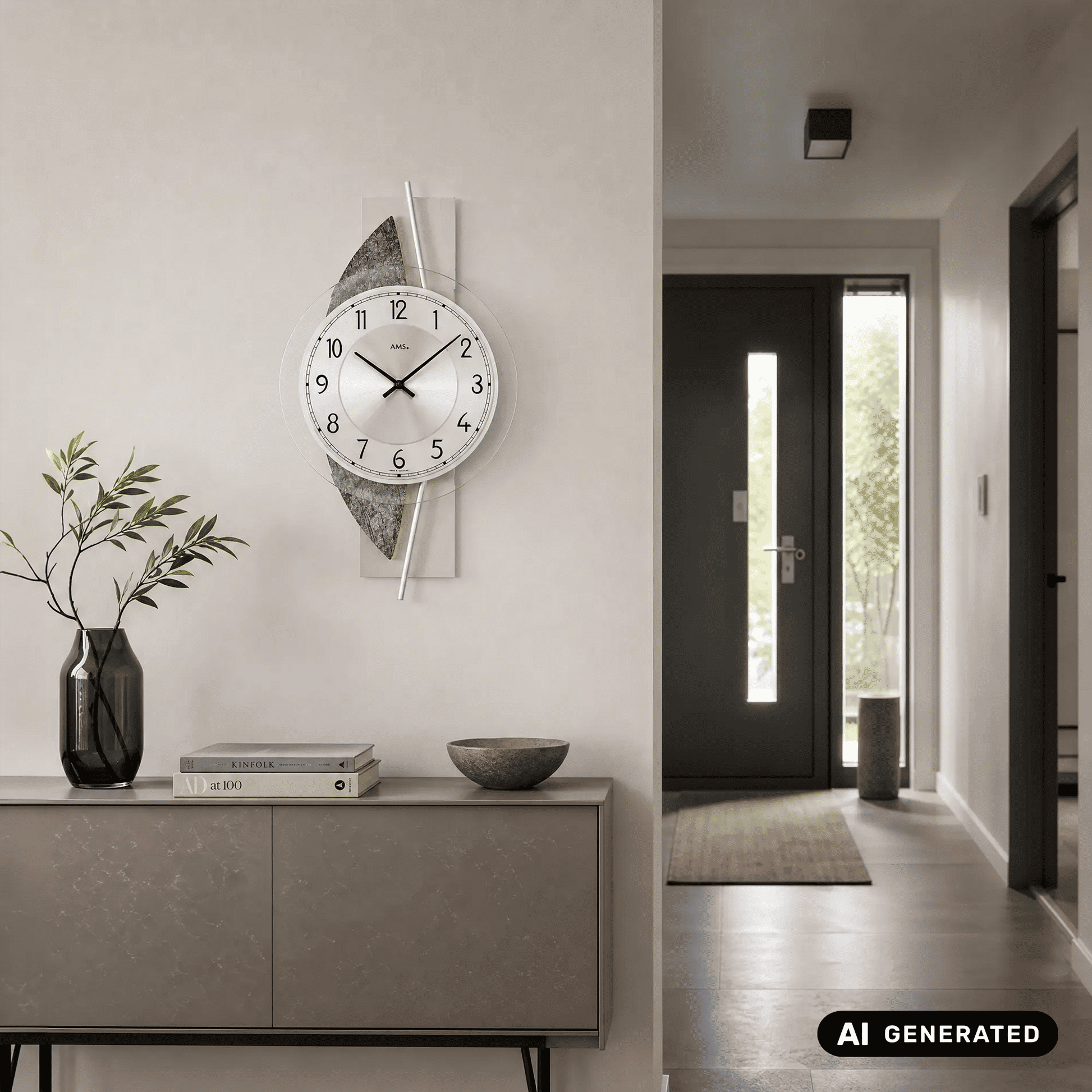 Wanduhr an der Wand mit rundem, weißem Zifferblatt und schwarzen Zeigern, grauer Akzent