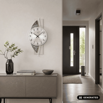 Wanduhr an der Wand mit rundem, weißem Zifferblatt und schwarzen Zeigern, grauer Akzent