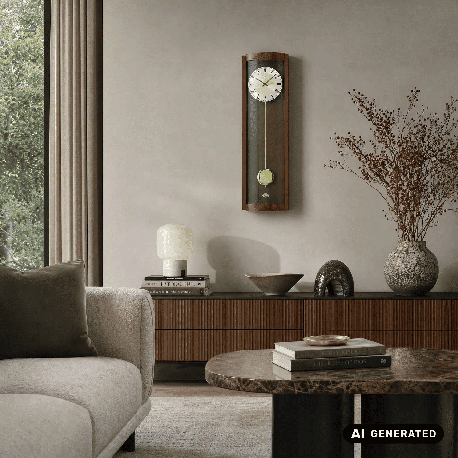 Wanduhr mit Pendel und römischen Ziffern, rechteckiger Rahmen in Nussbaumoptik