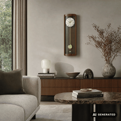 Wanduhr mit Pendel und römischen Ziffern, rechteckiger Rahmen in Nussbaumoptik