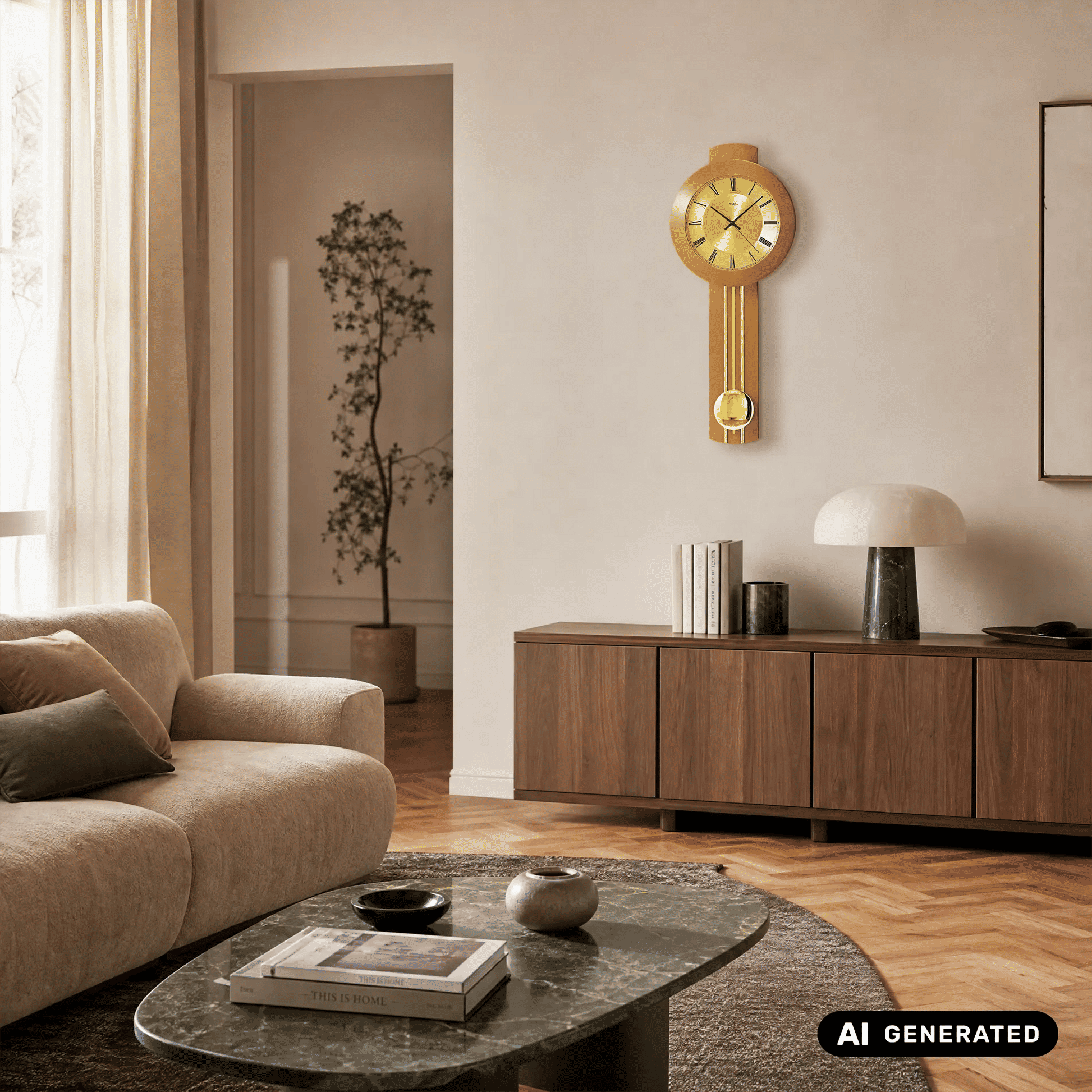 Wanduhr mit Quarz-Pendelwerk, rundes Holzgehäuse mit goldenem Pendel und Ziffernring
