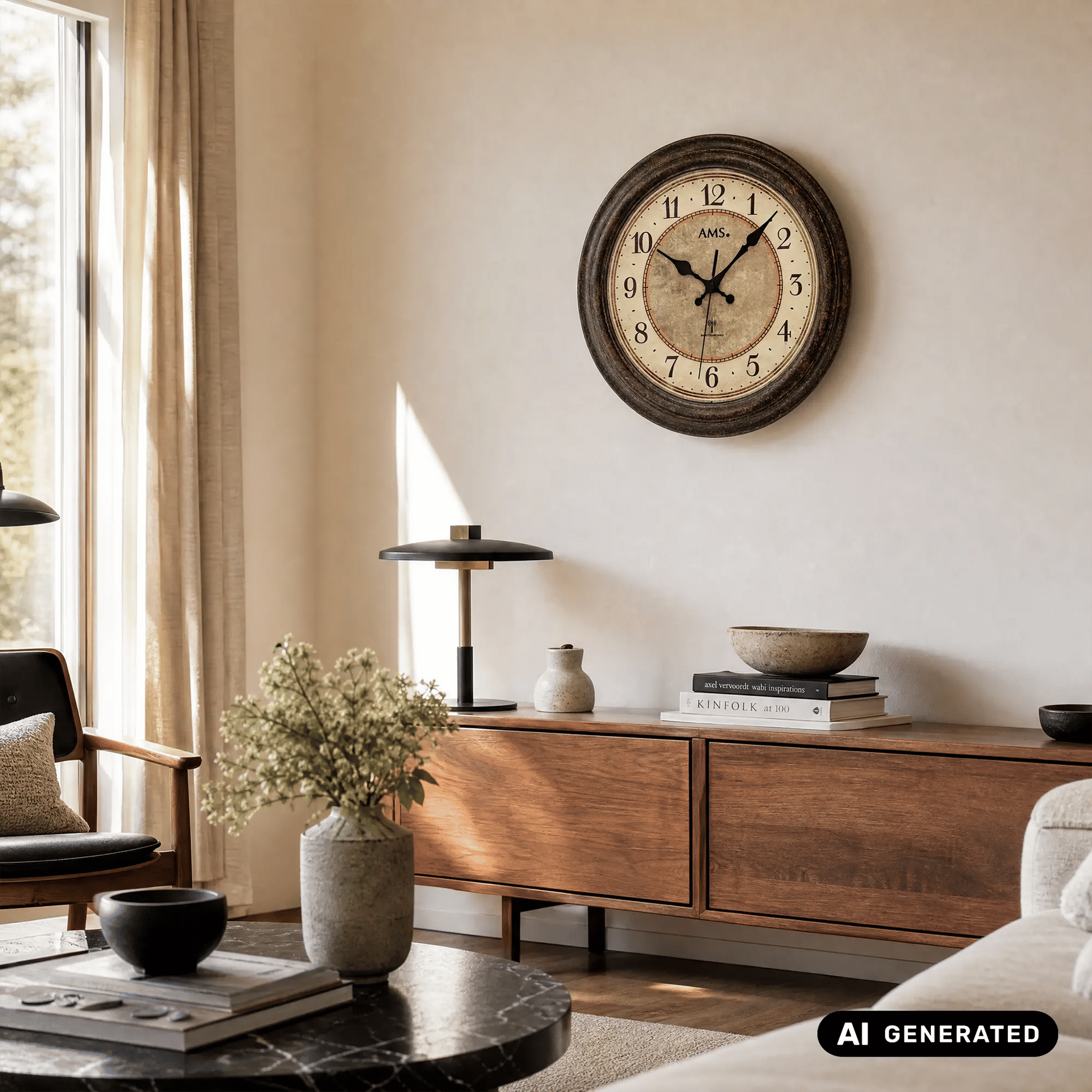 Funk-Wanduhr mit antik-braunem Gehäuse und großem Zifferblatt mit schwarzen Zeigern