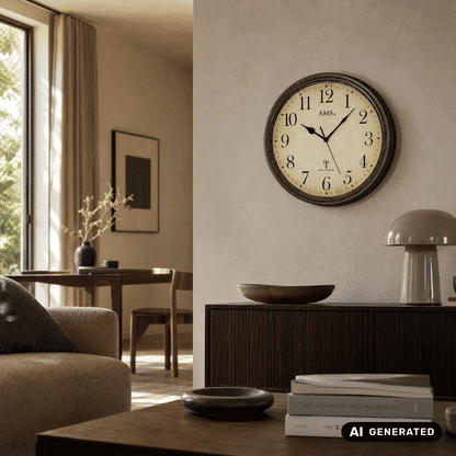 Wanduhr mit beigem Zifferblatt, schwarzen Zeigern und dunklem Metallgehäuse