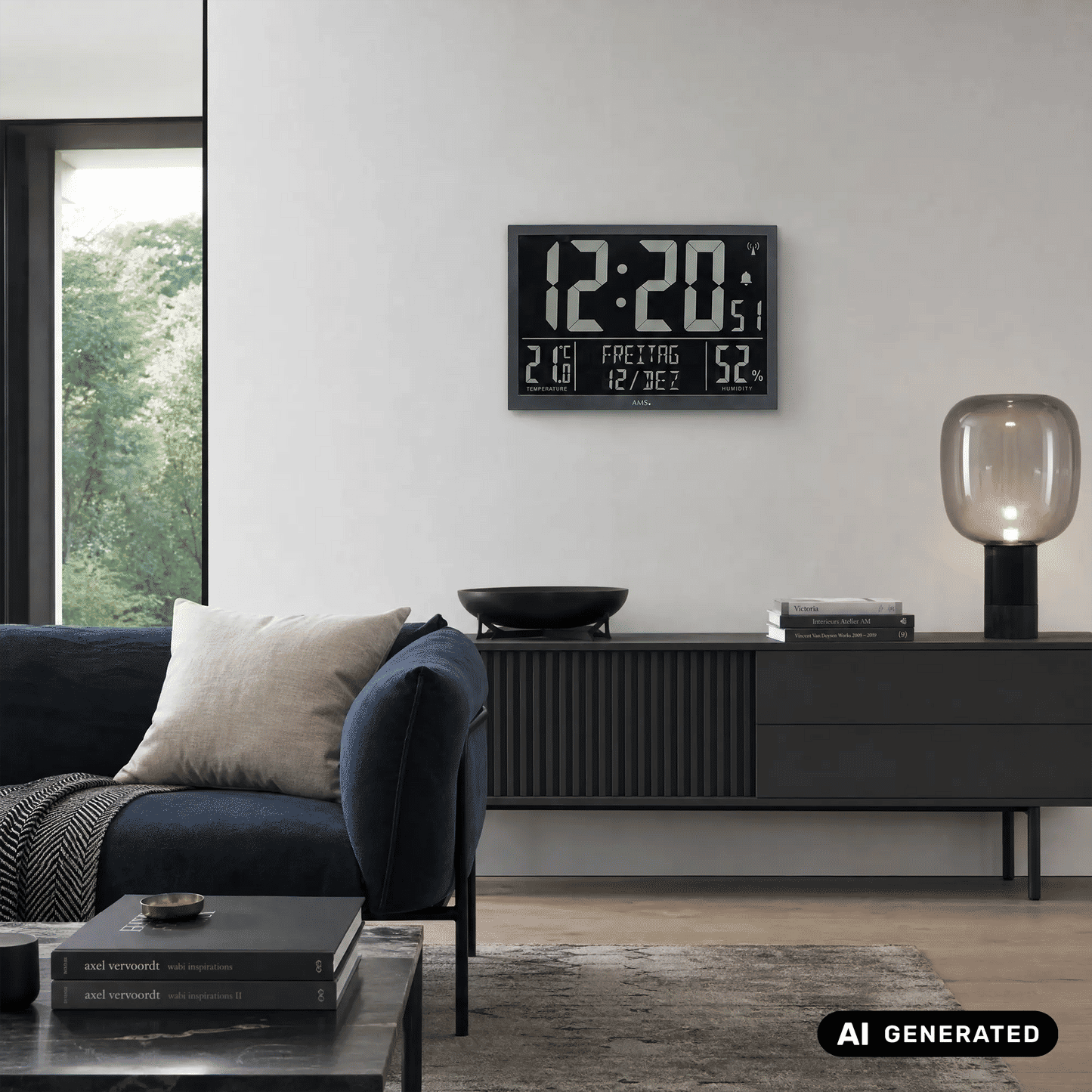 Wanduhr mit LCD-Display an der Wand, große Anzeige für Uhrzeit, Temperatur und 52%.