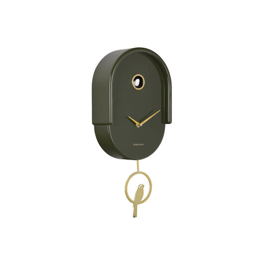 Wanduhr (Kuckuck) mit grünem Gehäuse, goldenen Zeigern und Pendel