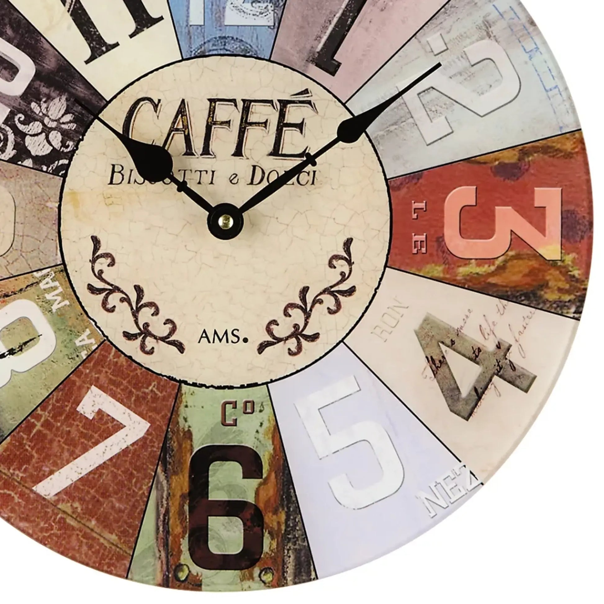 Runde AMS Wanduhr mit buntem Zifferblatt, arabischen Zahlen und schwarzem Uhrwerk