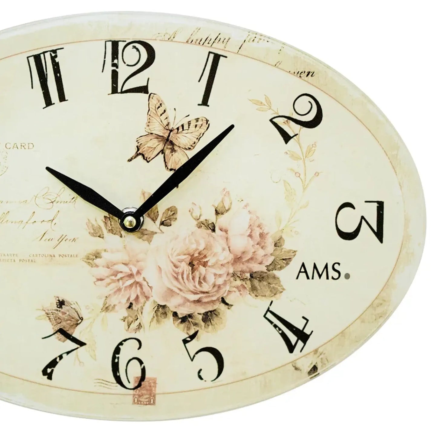 Runde Wanduhr mit klarem Glas, cremefarbenes Zifferblatt mit Blumen und schwarzen Zeigern