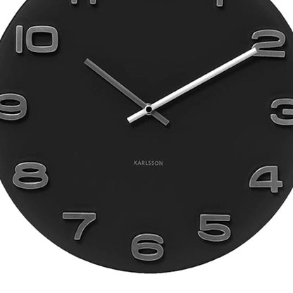 Detailansicht der schwarzen Wanduhr mit silbernen Ziffern und Zeigern